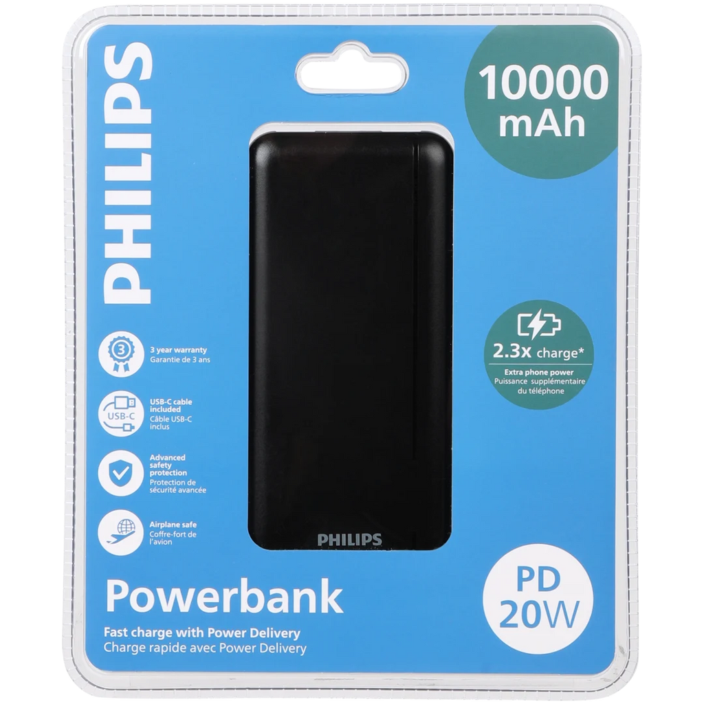 Baterie externă 10.000 mAh 20W Philips - porturi USB-A și USB-C