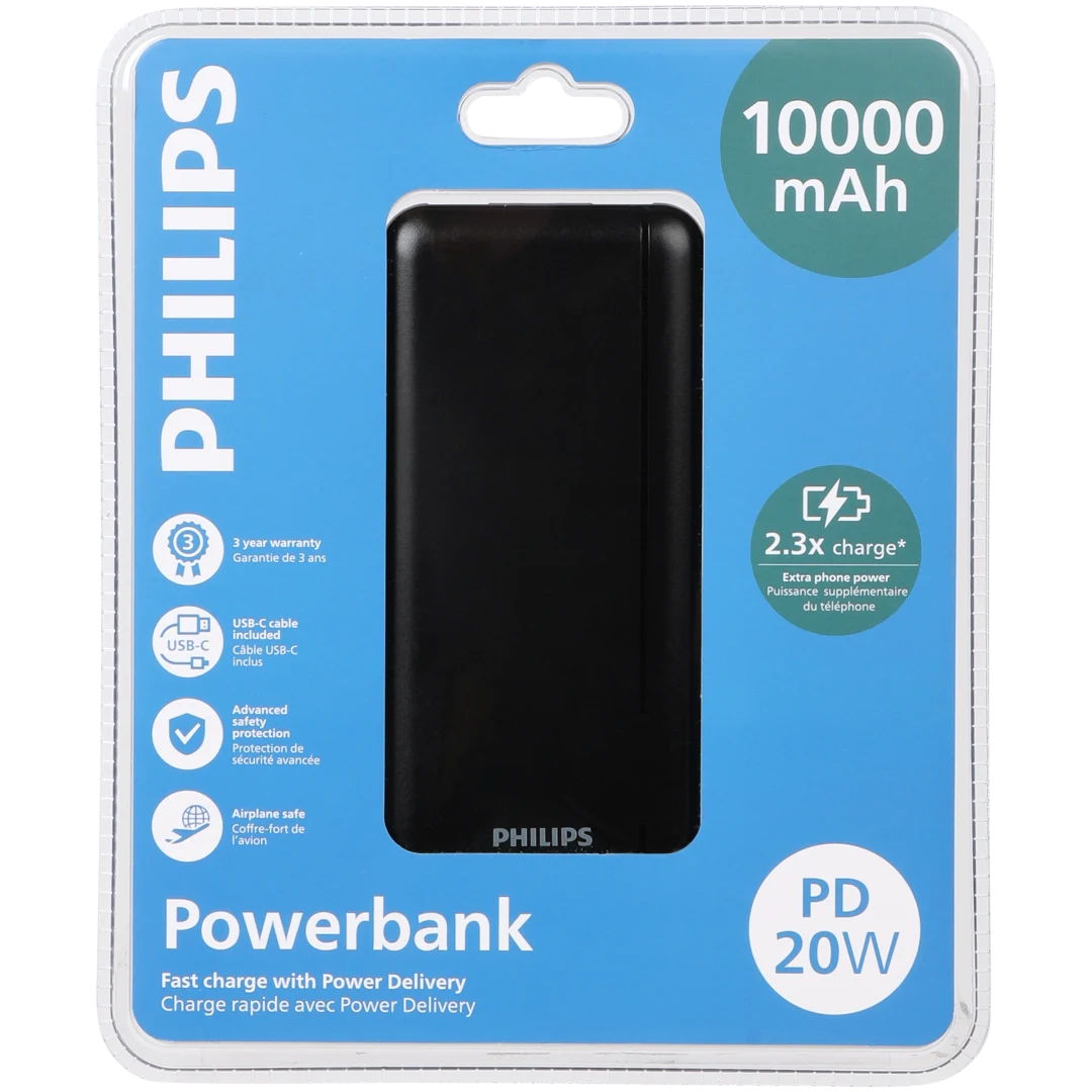 Baterie externă 10.000 mAh 20W Philips - porturi USB-A și USB-C