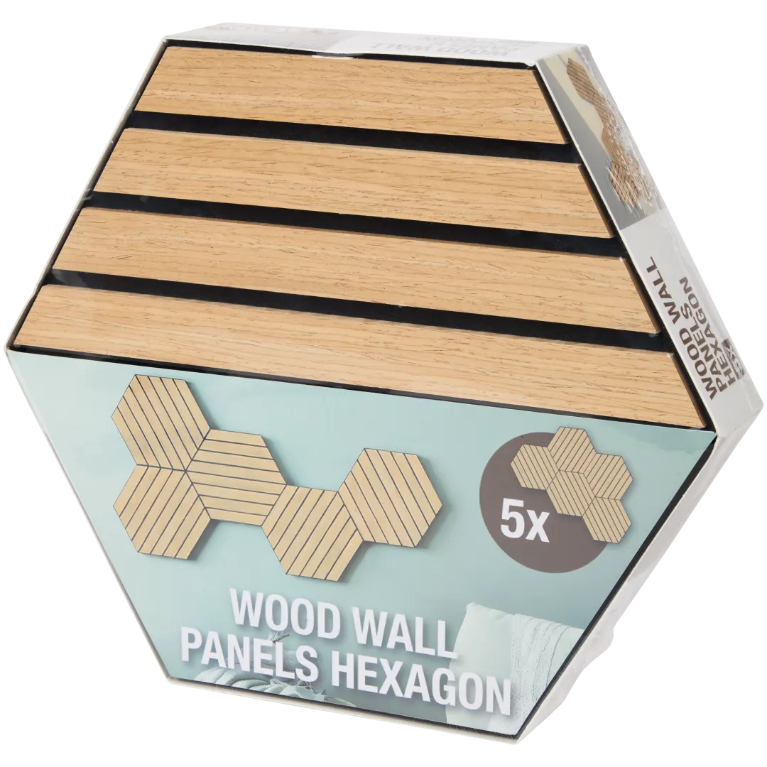 Panou hexagonal din lemn aranjat pe perete decor modern