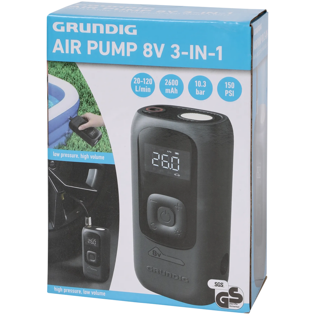 Pompa de aer fara fir 3 in 1 Grundig 8V cu afisaj LED