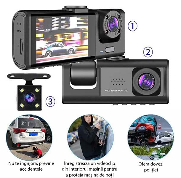 Camera Video de Bord Auto S-Eye 1080P HD cu 3 Camere, Senzor G, Night Vision, Monitorizare Parcare 24H