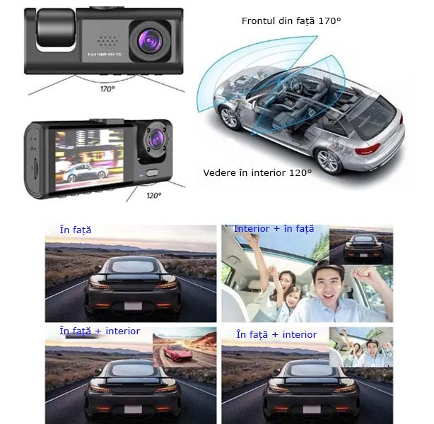 Camera Video de Bord Auto S-Eye 1080P HD cu 3 Camere, Senzor G, Night Vision, Monitorizare Parcare 24H