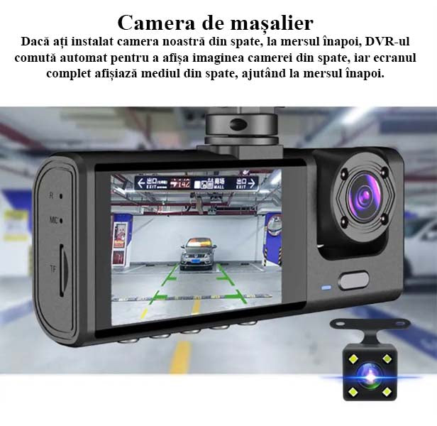 Camera Video de Bord Auto S-Eye 1080P HD cu 3 Camere, Senzor G, Night Vision, Monitorizare Parcare 24H