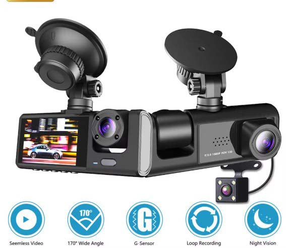 Camera Video de Bord Auto S-Eye 1080P HD cu 3 Camere, Senzor G, Night Vision, Monitorizare Parcare 24H