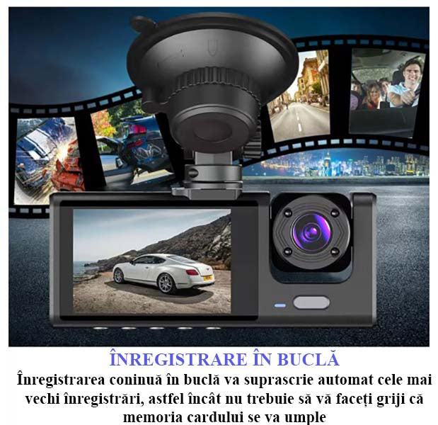 Camera Video de Bord Auto S-Eye 1080P HD cu 3 Camere, Senzor G, Night Vision, Monitorizare Parcare 24H