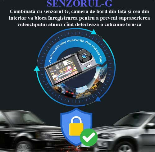 Camera Video de Bord Auto S-Eye 1080P HD cu 3 Camere, Senzor G, Night Vision, Monitorizare Parcare 24H