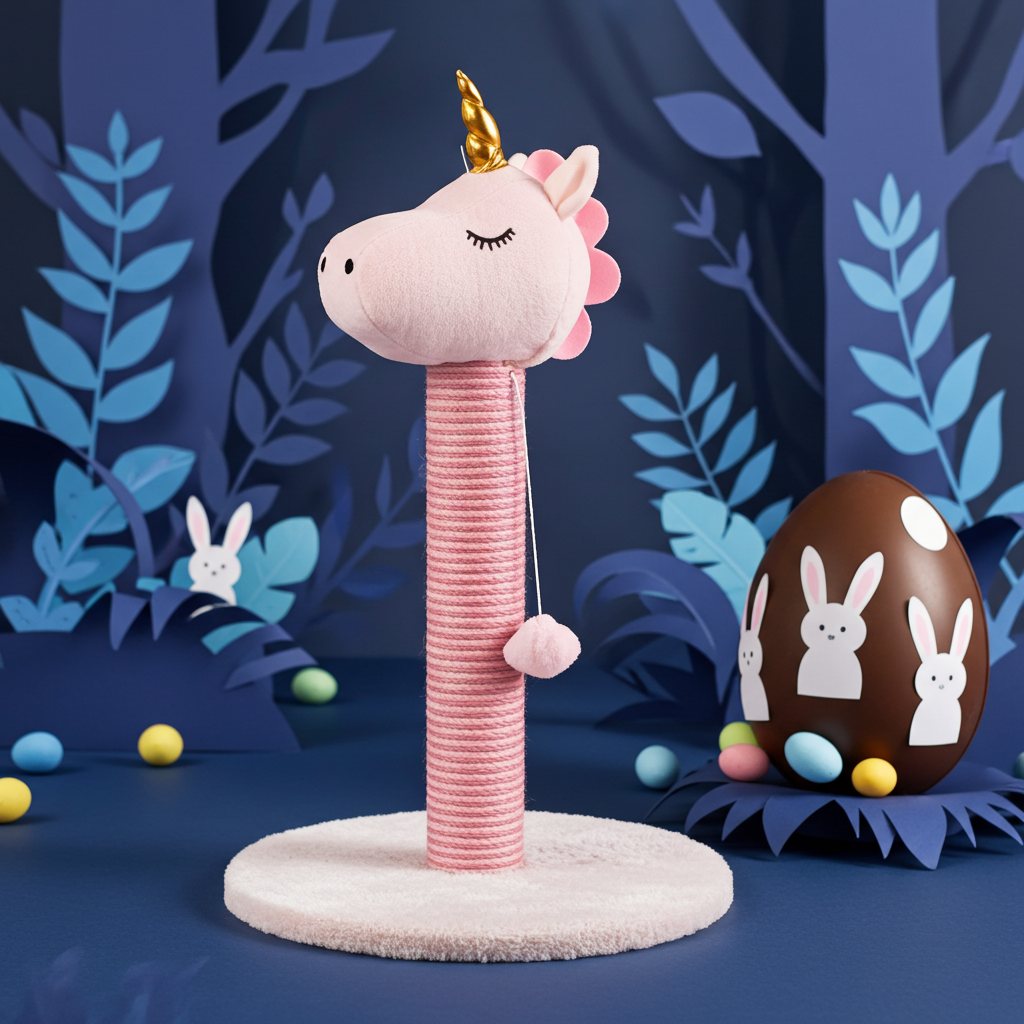 Ansamblu de zgâriat pentru pisici S-Eye Unicorn, 48 cm, stâlp sisal, bază 34 cm, minge suspendată, roz