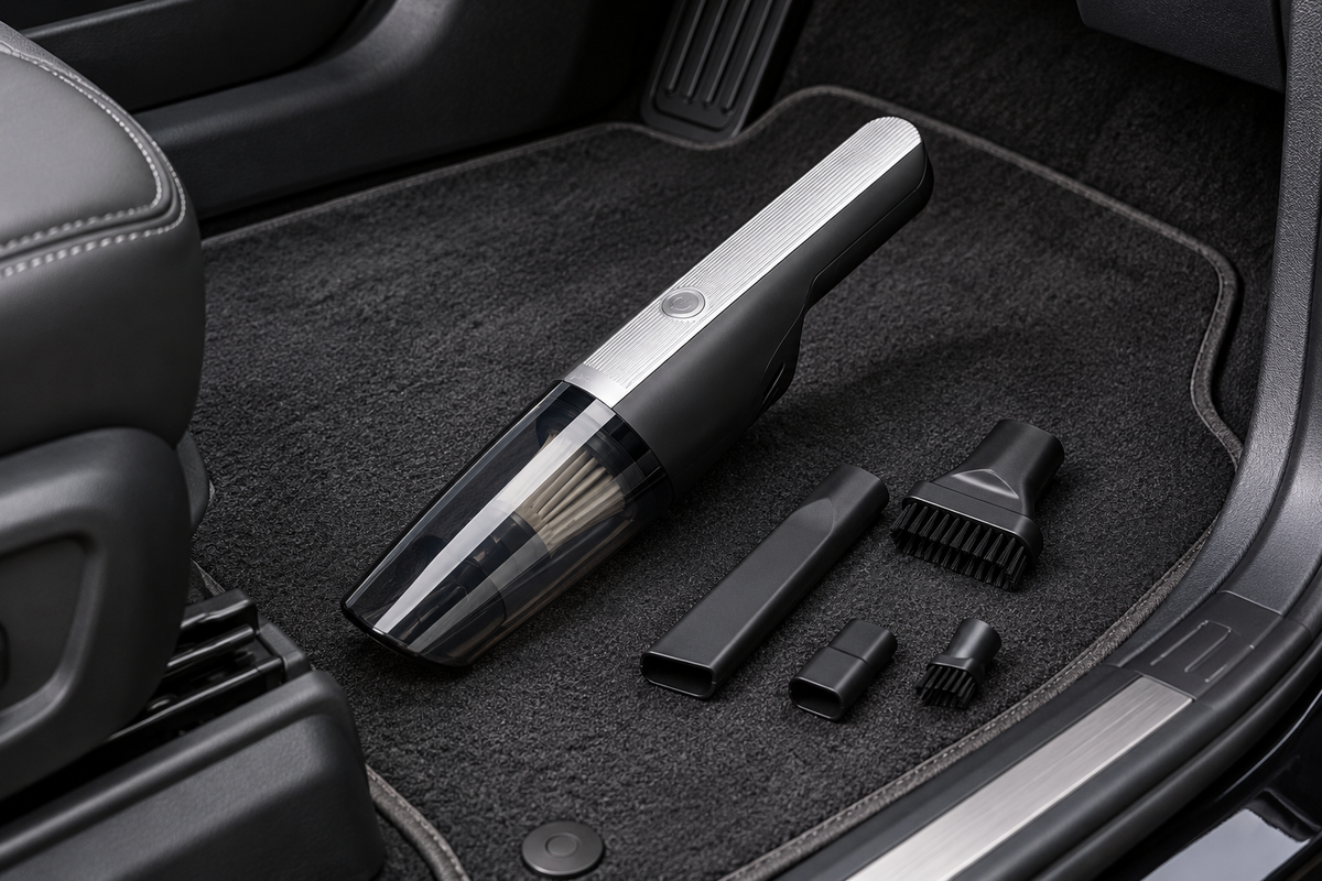 Aspirator auto C&C cu accesorii în interiorul mașinii