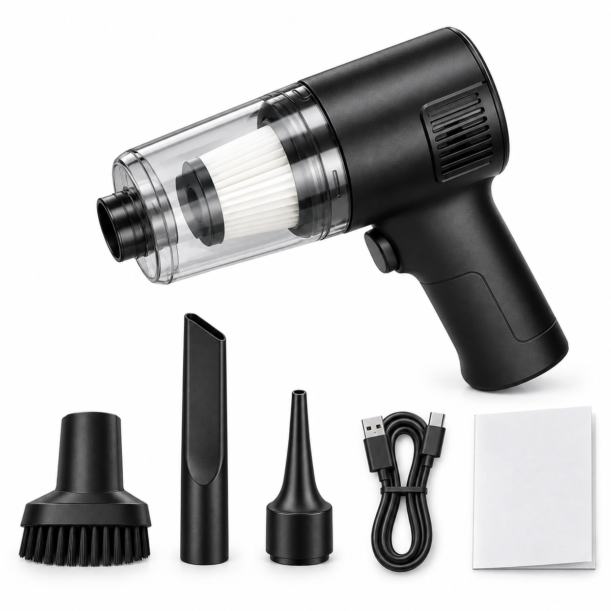 Pachet aspirator portabil S-Eye cu trei accesorii, cablu USB-C și manual