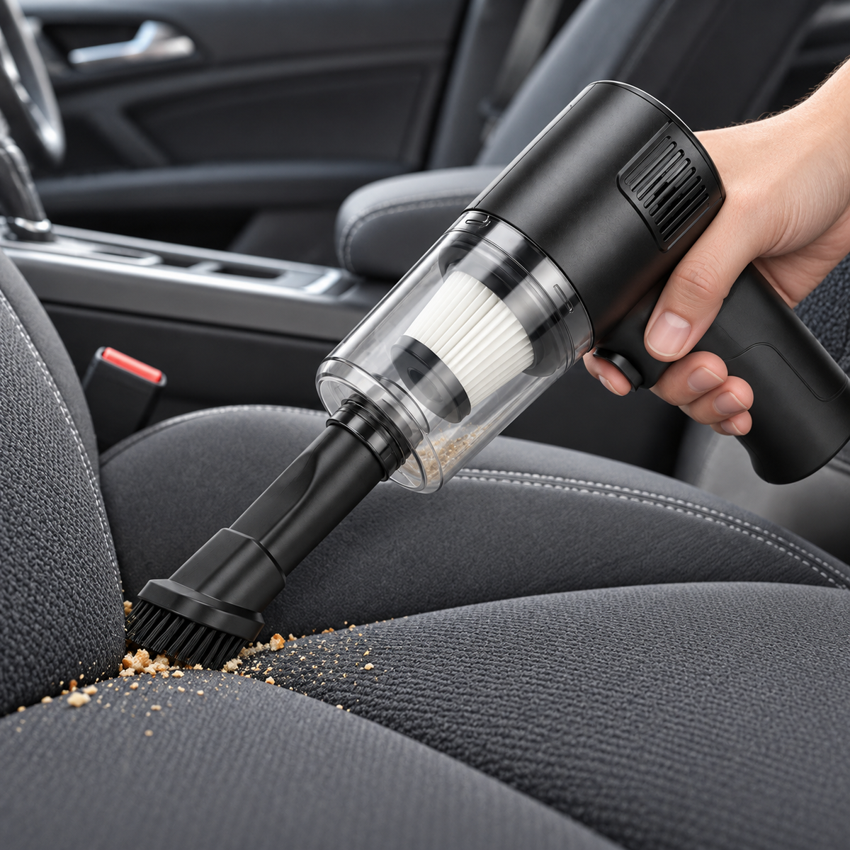Aspirator portabil S-Eye cu perie, folosit pentru curățarea scaunului auto