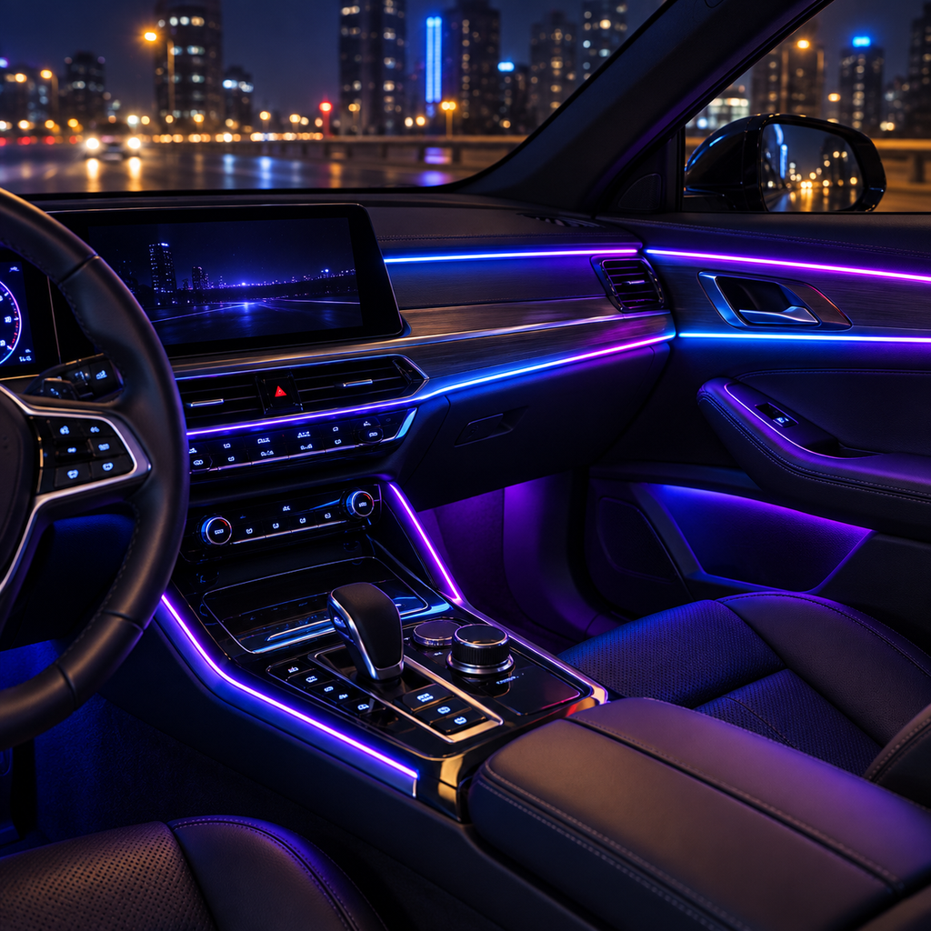 Bandă LED RGB montată în interiorul unei mașini
