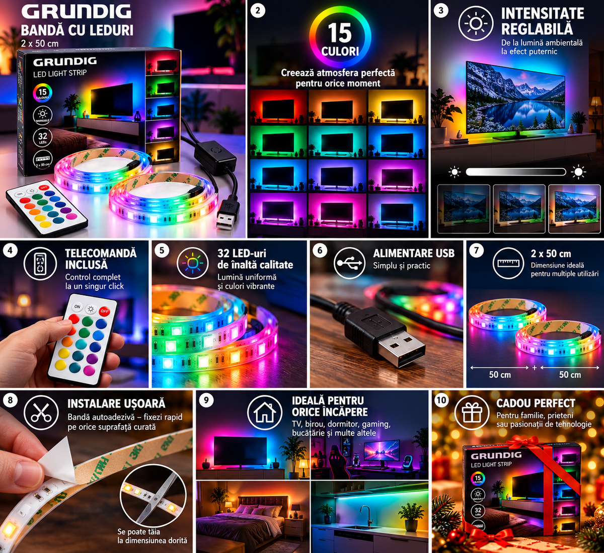 Bandă LED Grundig 2 x 50 cm, iluminare RGB
