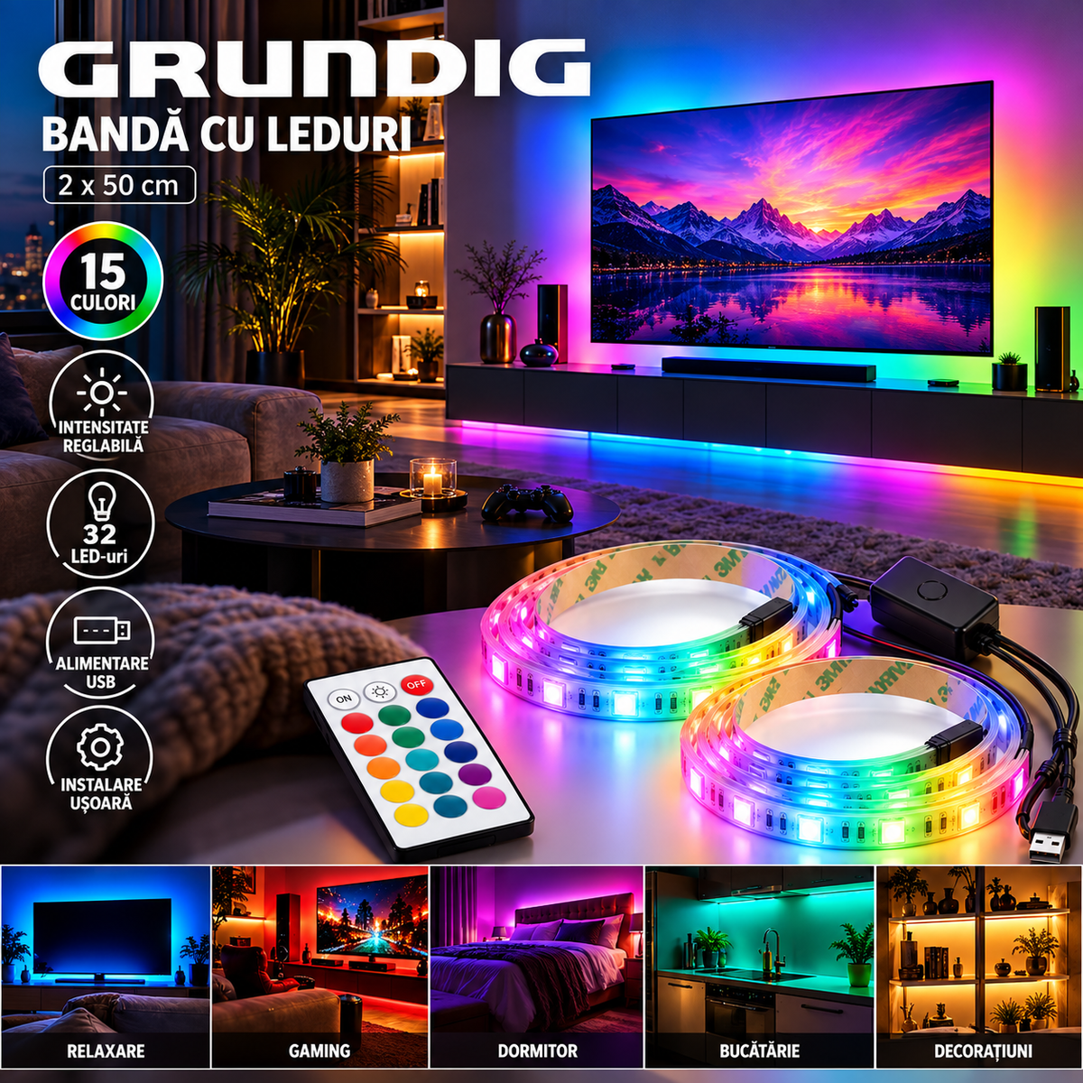 Bandă LED Grundig 2 x 50 cm, iluminare RGB