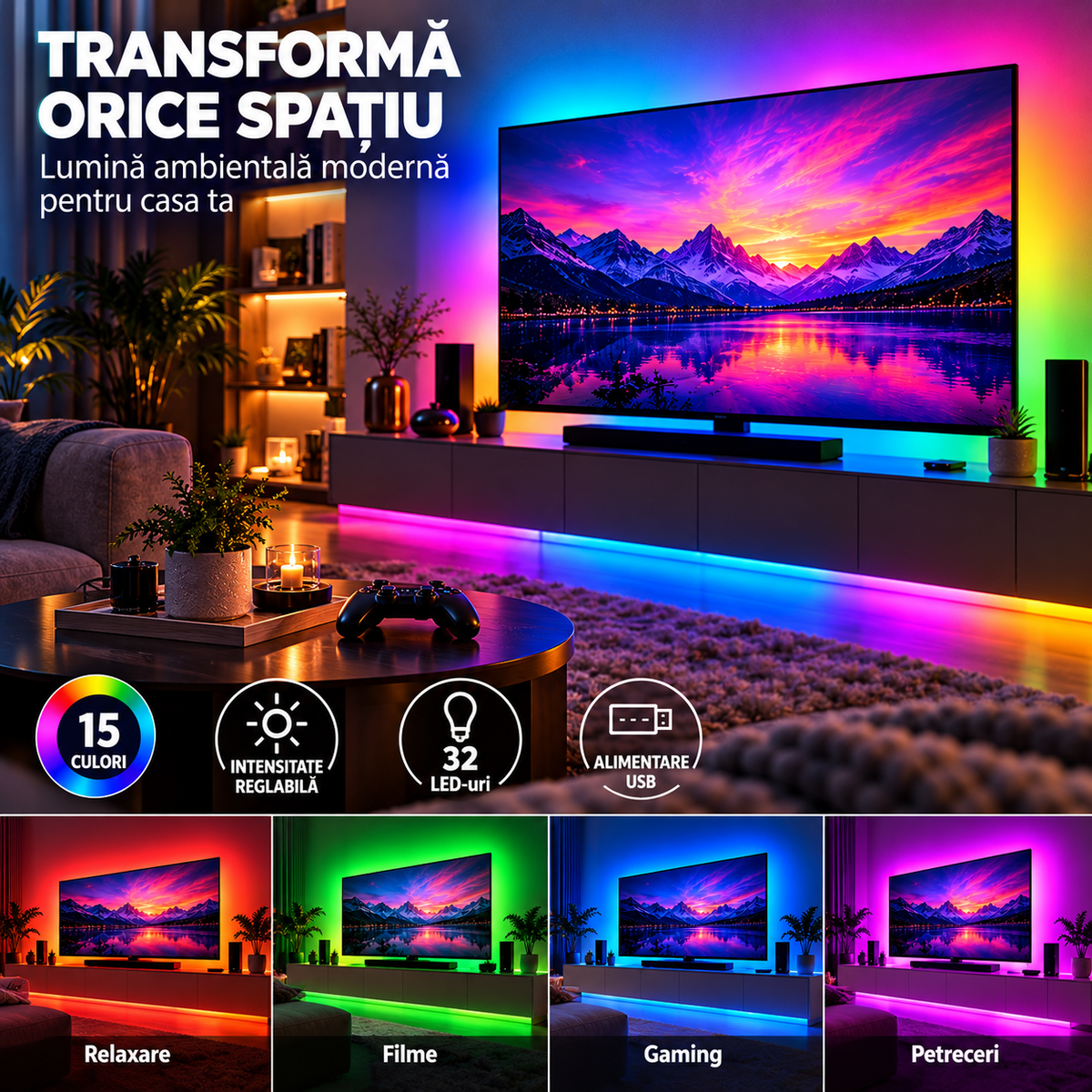 Bandă LED Grundig 2 x 50 cm, iluminare RGB