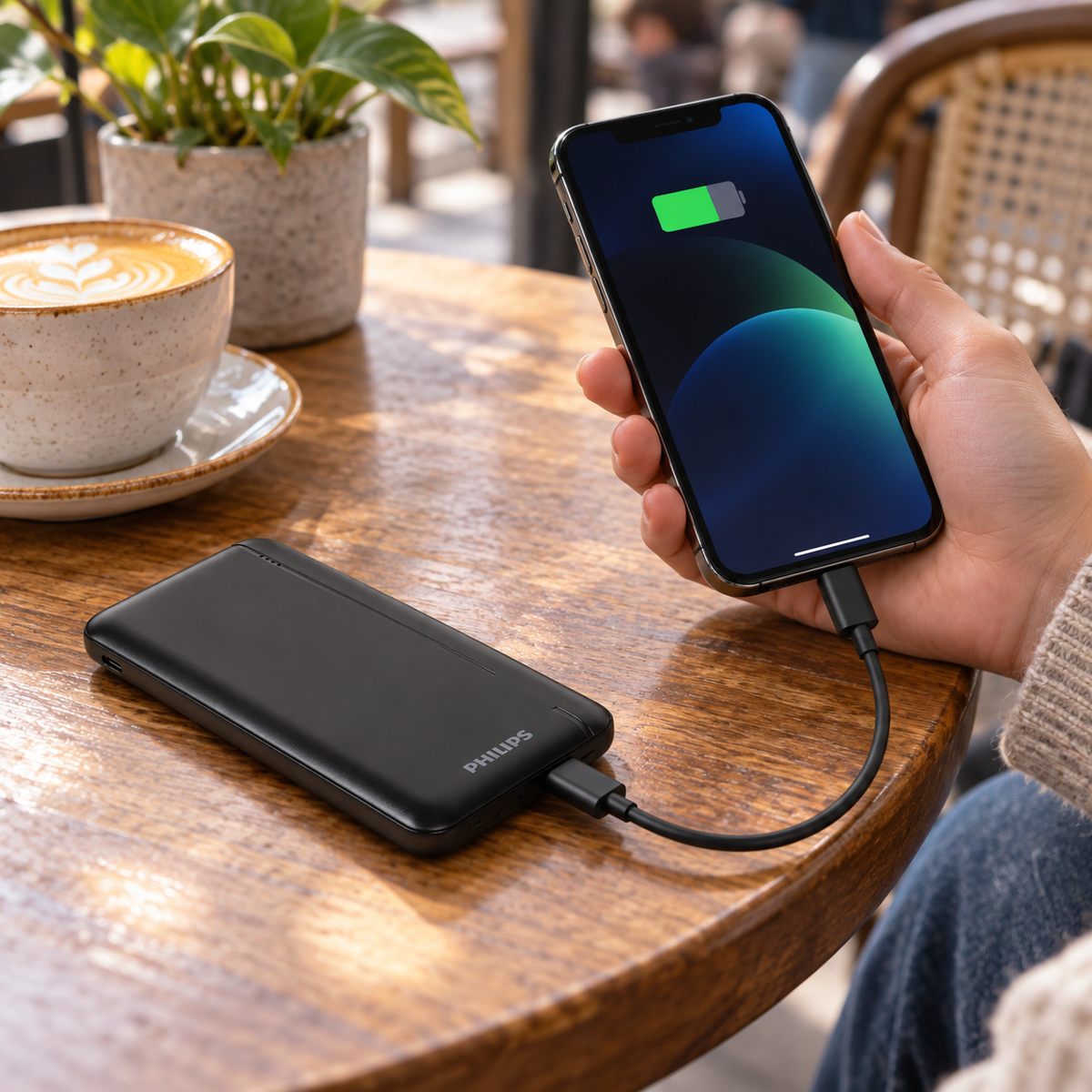 Baterie externă Philips 10000 mAh, utilizare la cafenea