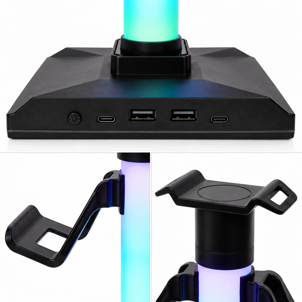 Detalii suport Battletron: buton, porturi USB, brațe și suport de căști