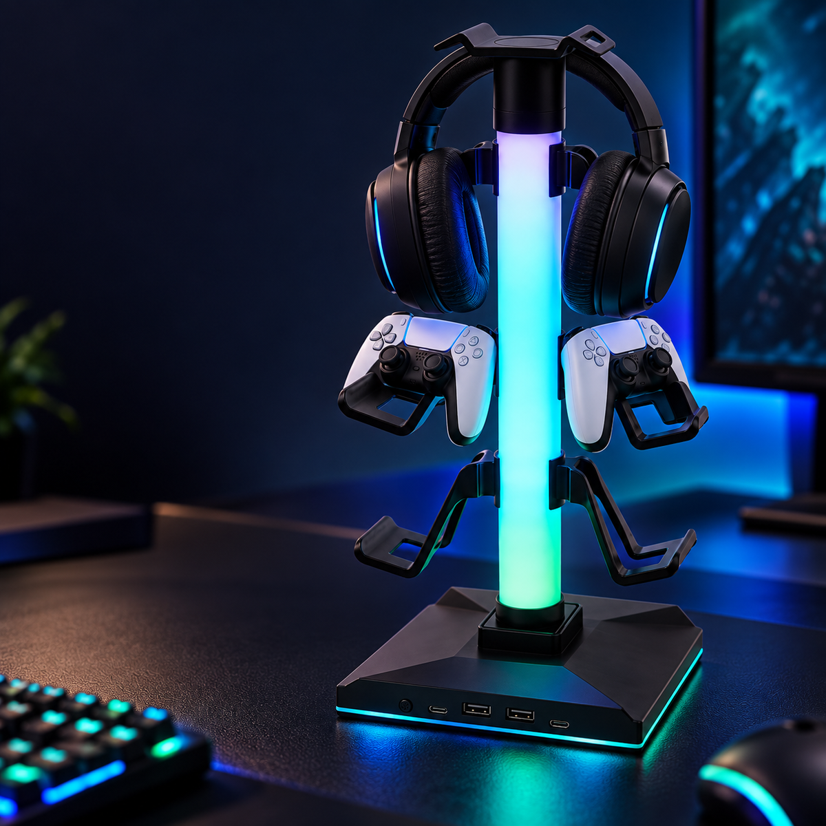 Suport Battletron RGB cu două controlere și căști într-un setup gaming