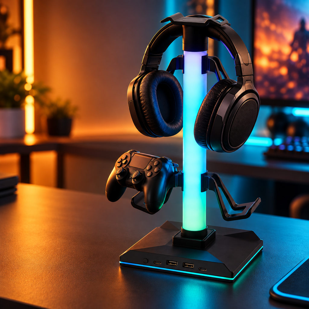 Suport Battletron RGB cu căști și controller într-un setup gaming cu lumină caldă