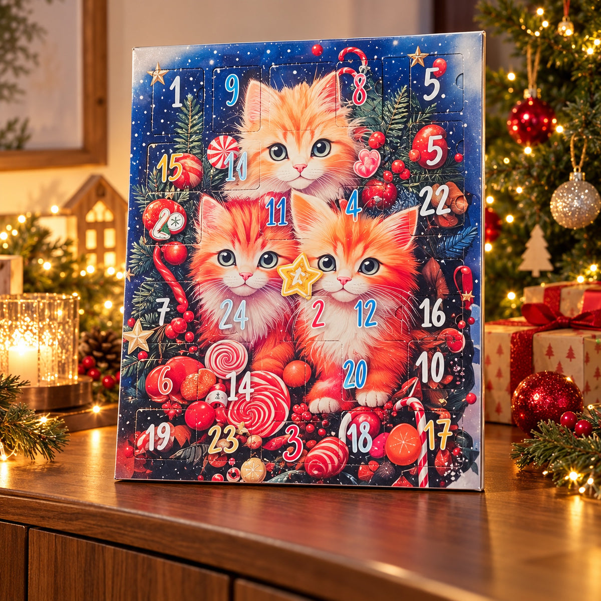 Calendar de Advent cu ciocolată 155 g, ilustrație cu trei pisici, cadru 4