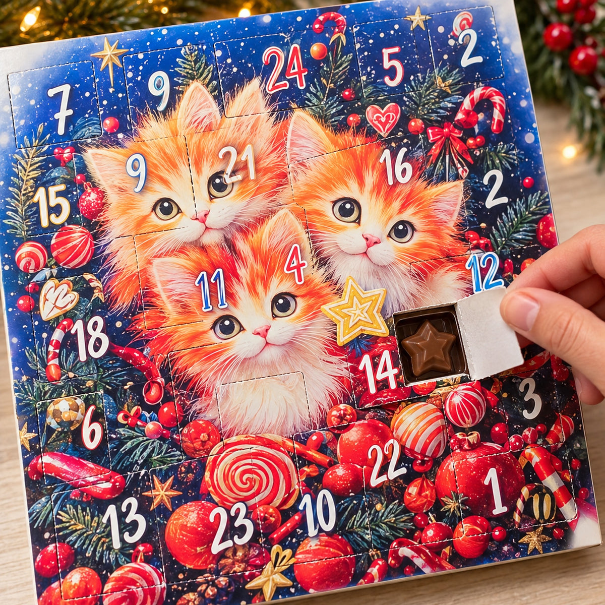 Calendar de Advent cu ciocolată 155 g, ilustrație cu trei pisici, cadru 5
