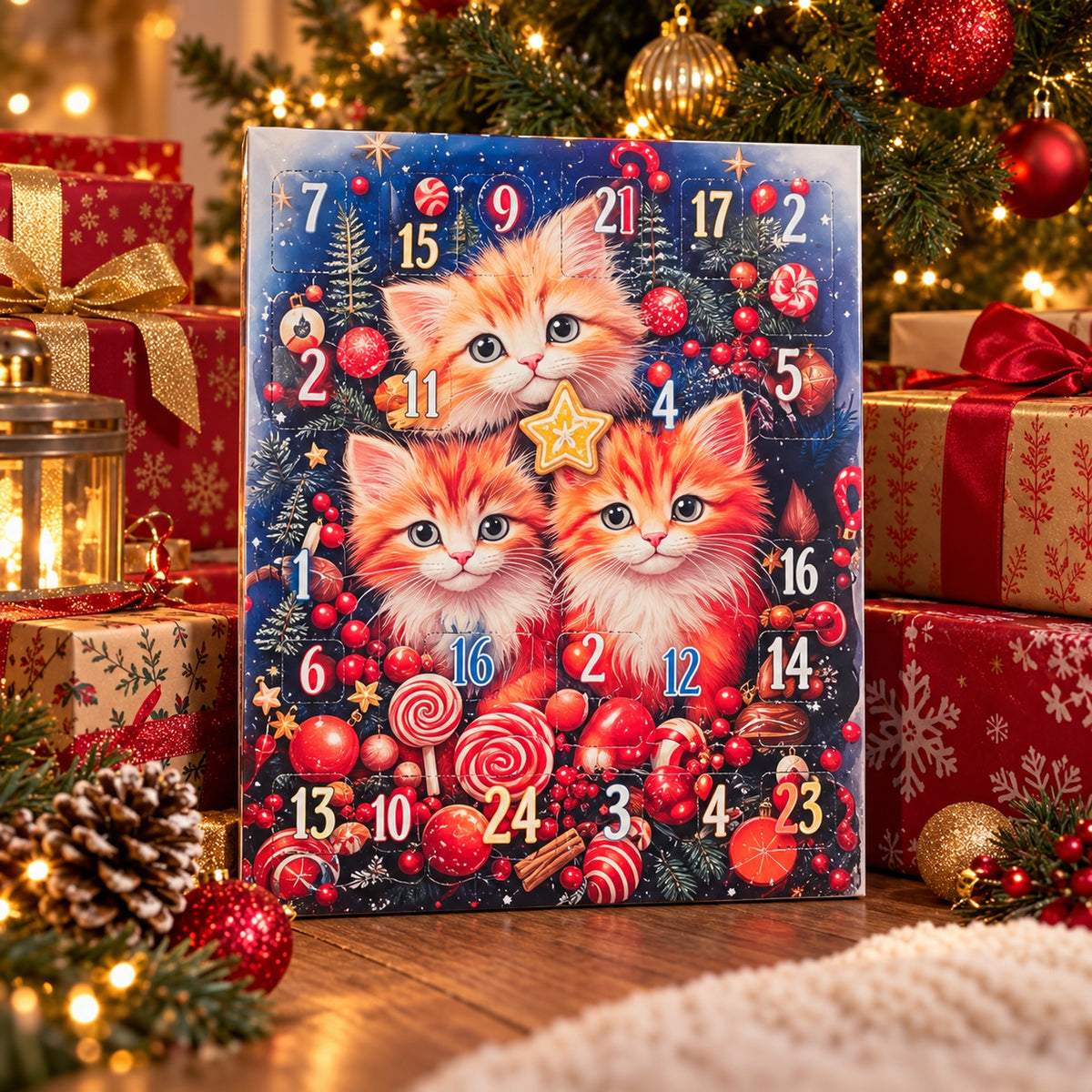 Calendar de Advent cu ciocolată 155 g, ilustrație cu trei pisici, cadru 7
