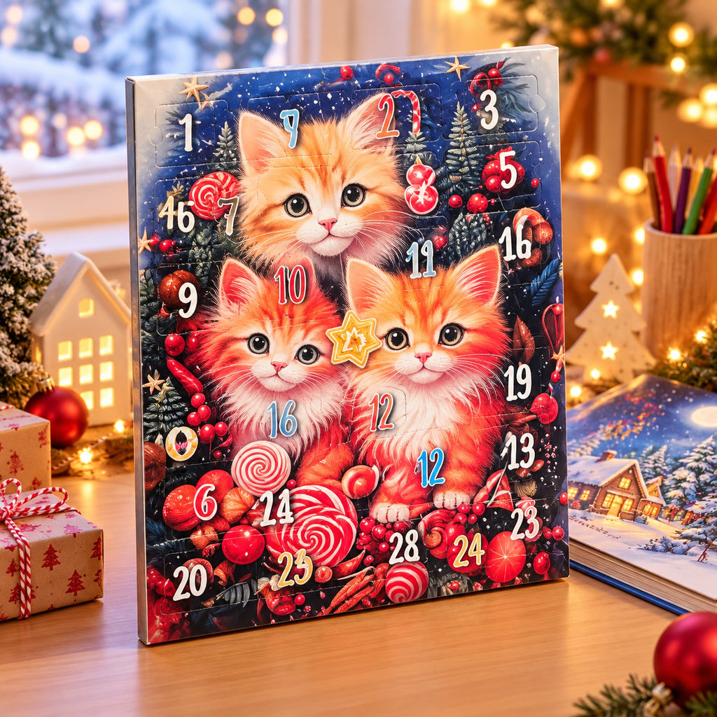 Calendar de Advent cu ciocolată 155 g, ilustrație cu trei pisici, cadru 8