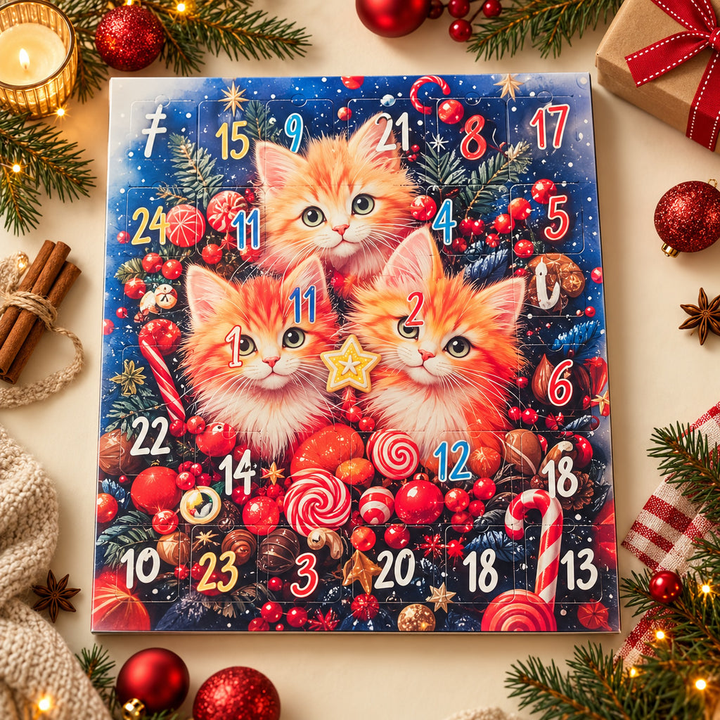 Calendar de Advent cu ciocolată 155 g, ilustrație cu trei pisici, cadru 9