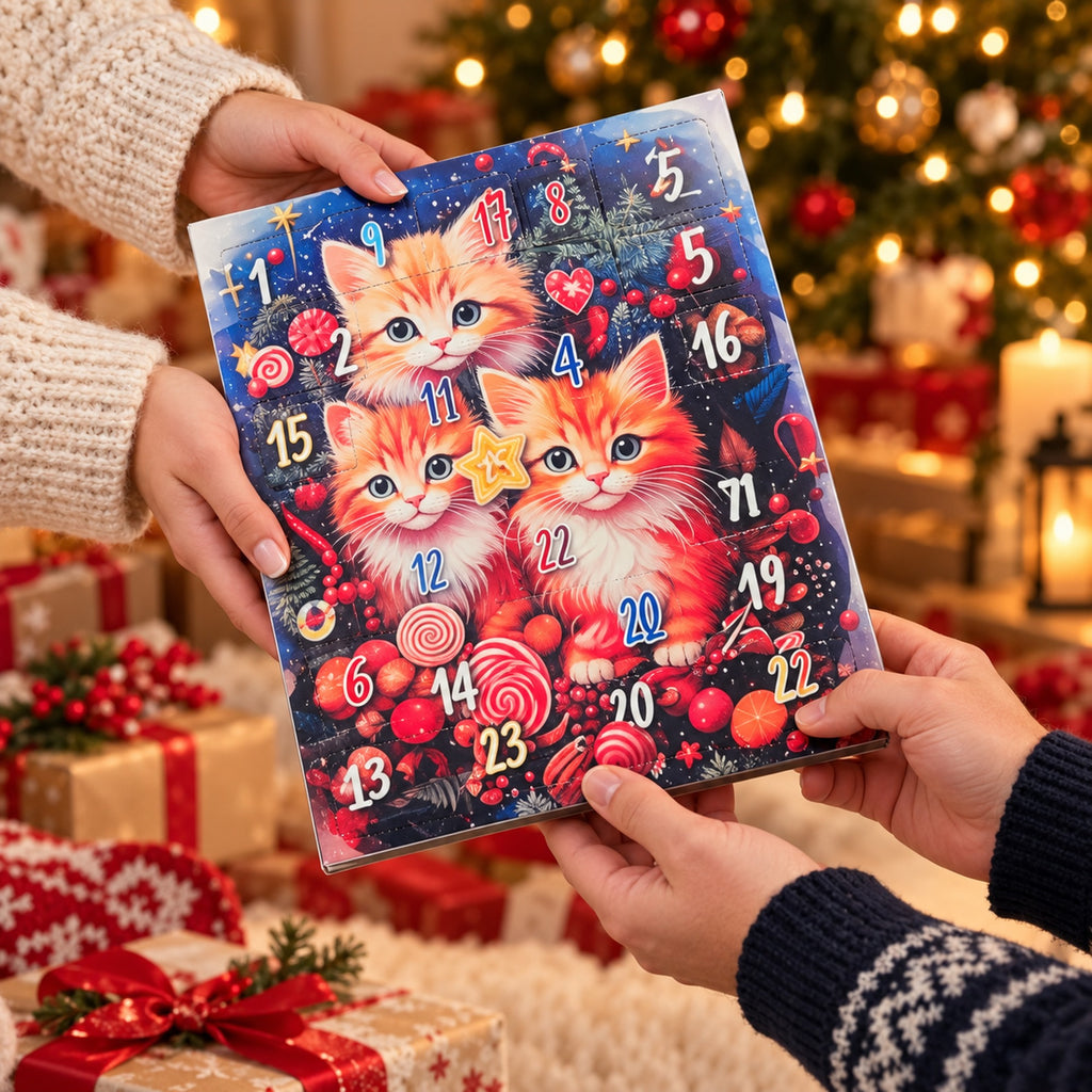 Calendar de Advent cu ciocolată 155 g, ilustrație cu trei pisici, cadru 10