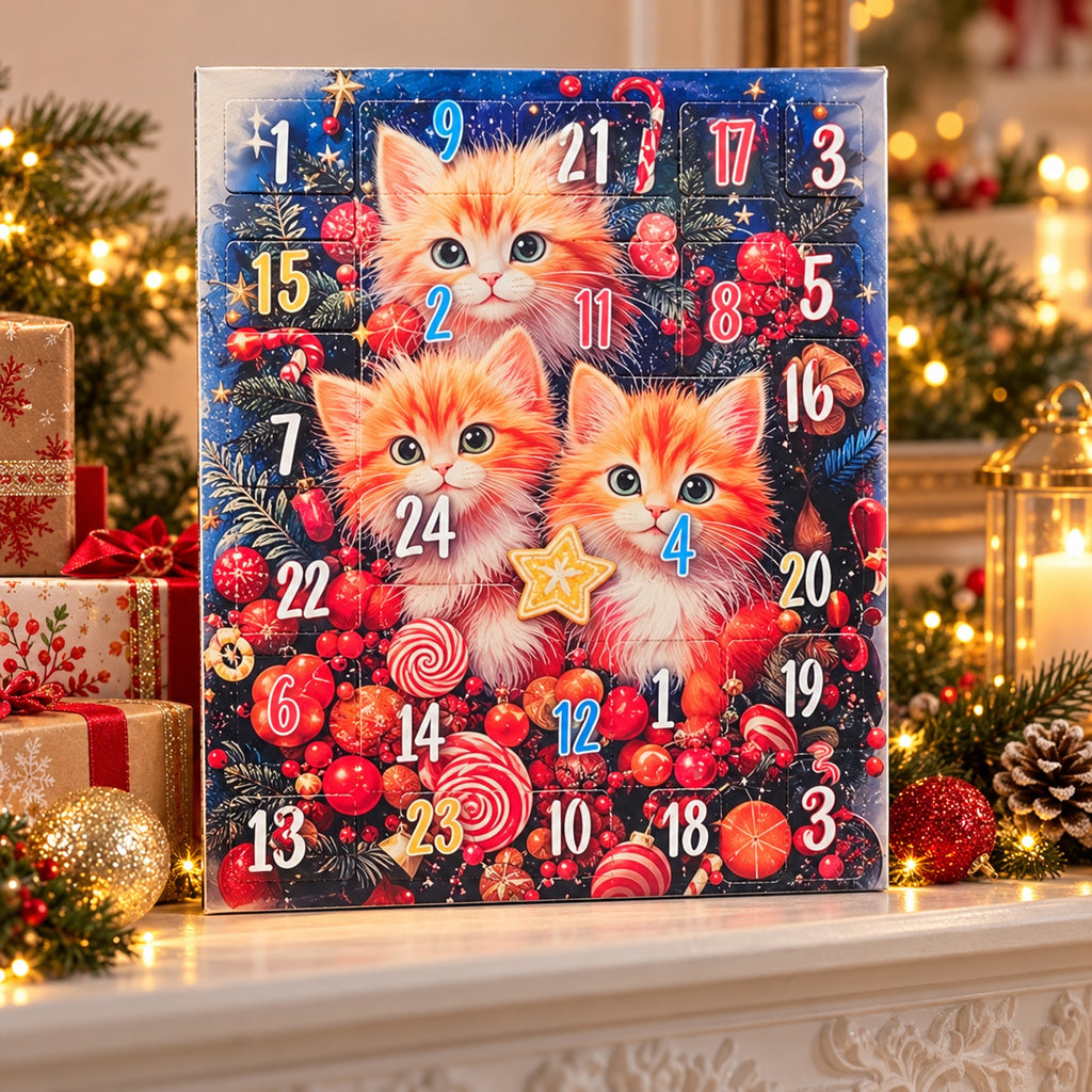 Calendar de Advent cu ciocolată 155 g, ilustrație cu trei pisici, cadru 12