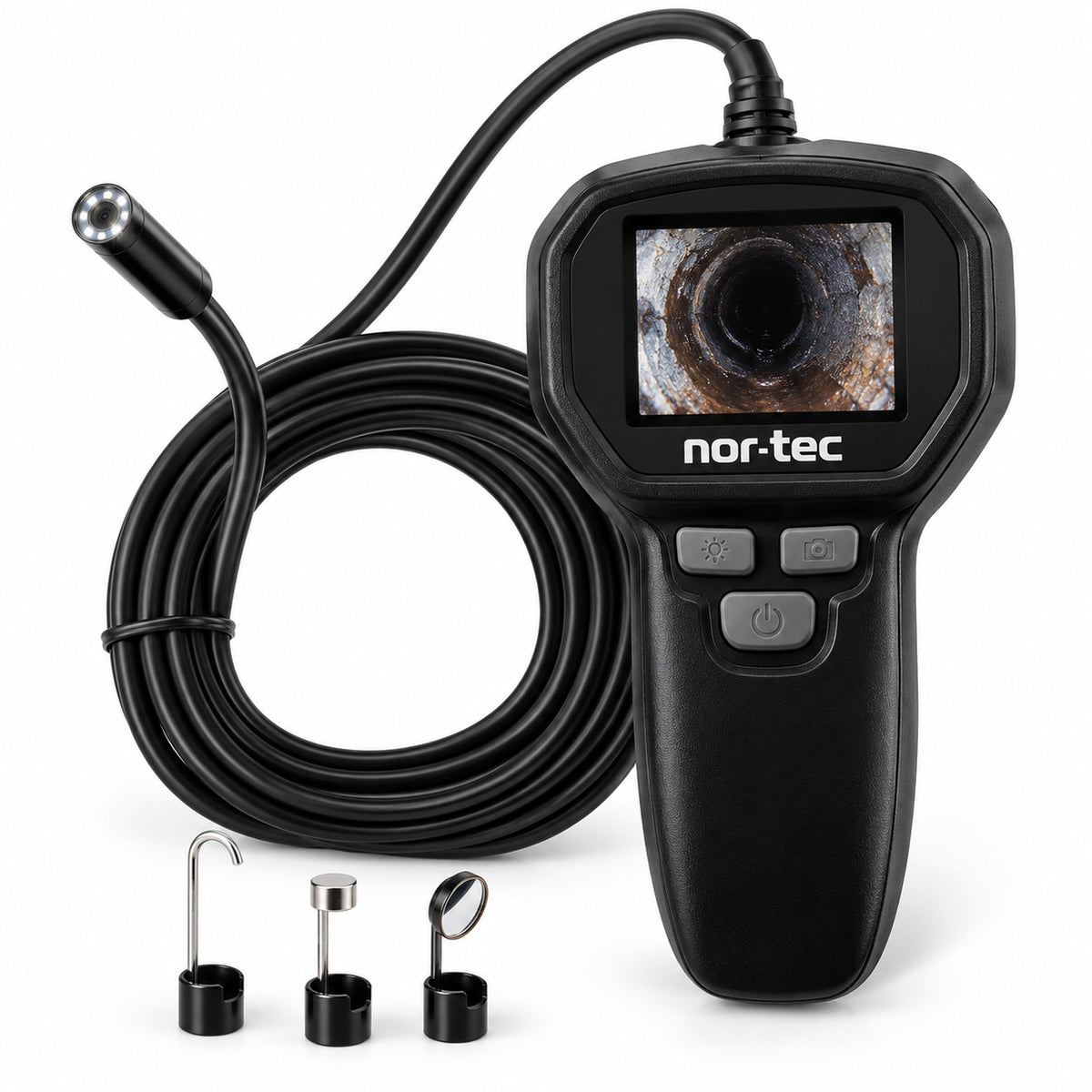 Cameră de inspecție Nor-Tec cu ecran, sondă și accesorii pe fundal alb