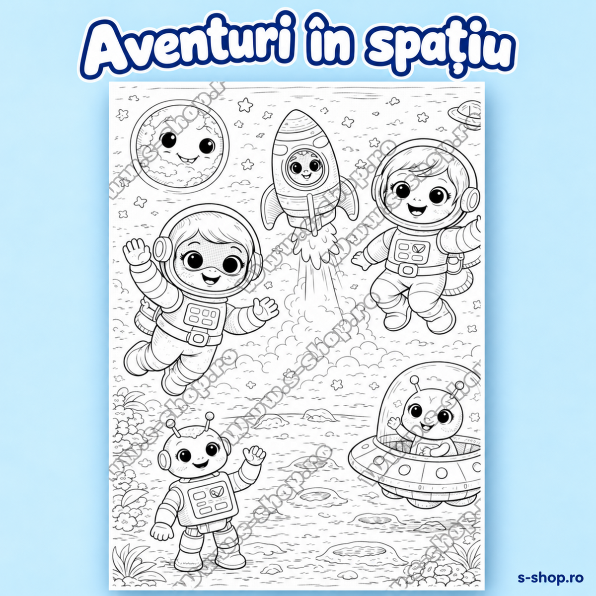 Pagină de colorat cu astronauți și rachetă