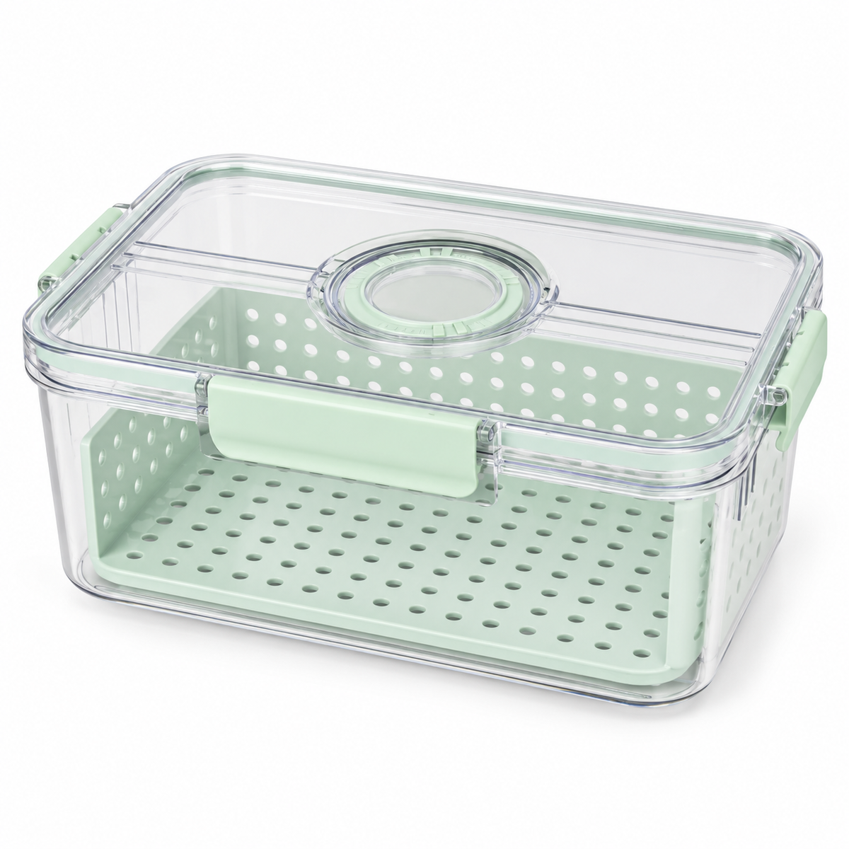 Caserola transparenta de frigider cu cos perforat verde pal si capac pe fundal alb