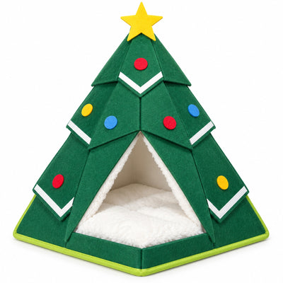 🎄 Căsuță pentru Pisici Brad de Crăciun – Pâslă, Pernă Pluș, Stea Decorativă, aprox. 39 x 39 x 47 cm