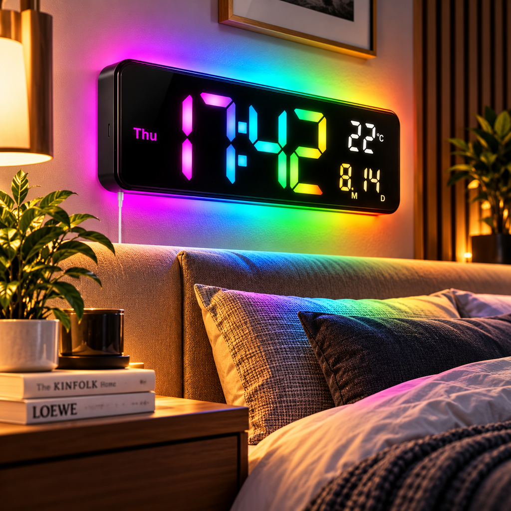Ceas digital RGB într-un dormitor modern