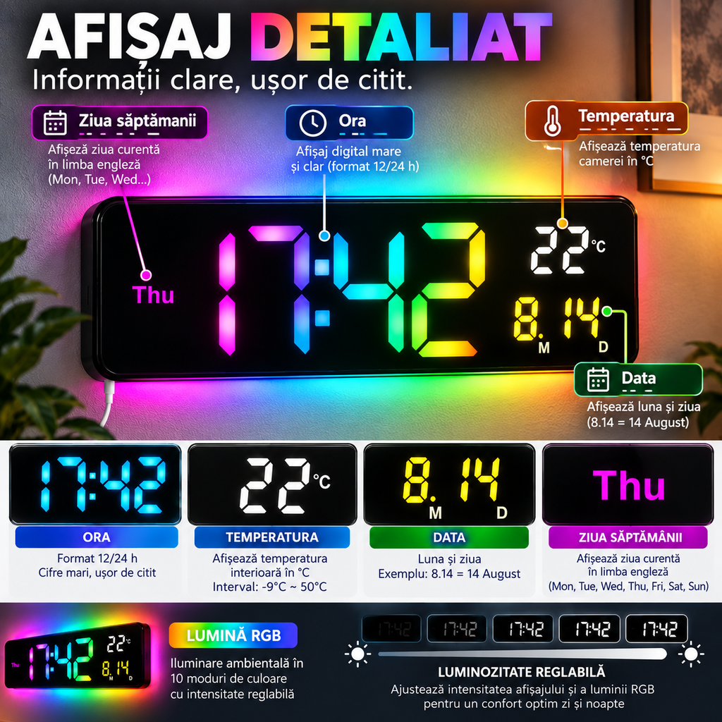 Ceas RGB, afișaj oră, dată și temperatură