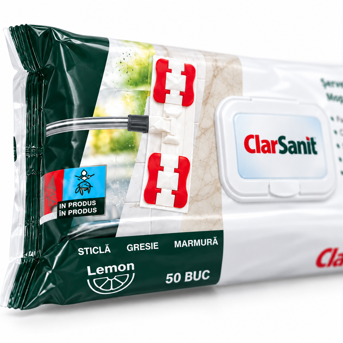 Detaliu ambalaj ClarSanit cu parfum de lamaie