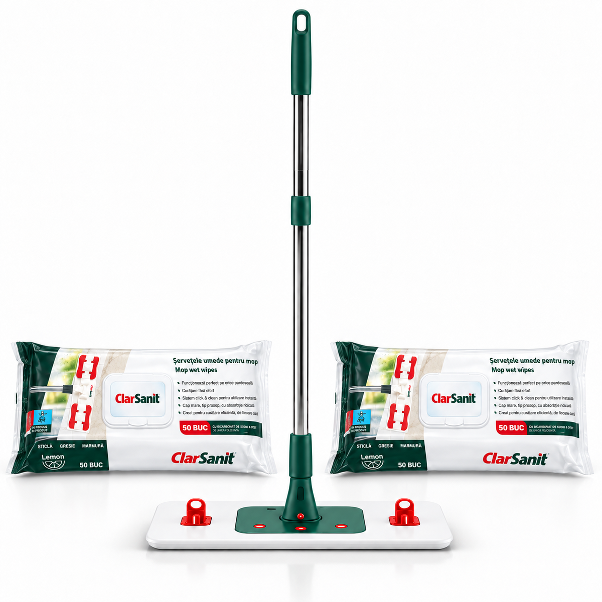 Set mop ClarSanit cu doua pachete de cate 50 servetele pe fundal alb