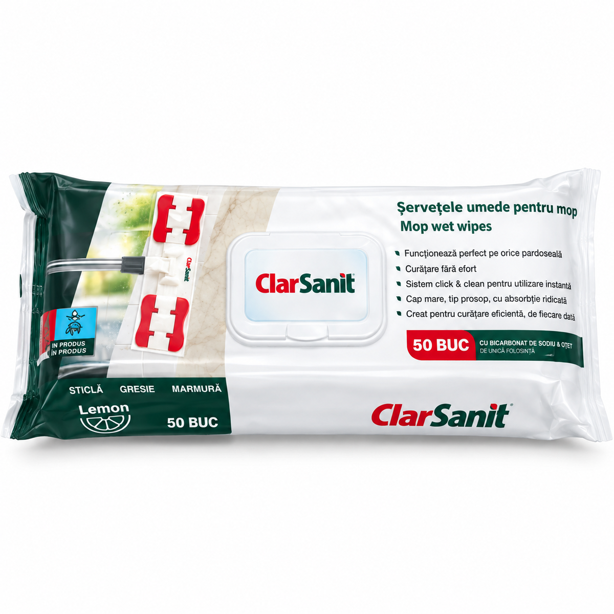 Șervețele umede pentru mop ClarSanit Lemon, 50 bucăți, ambalajul real pe alb