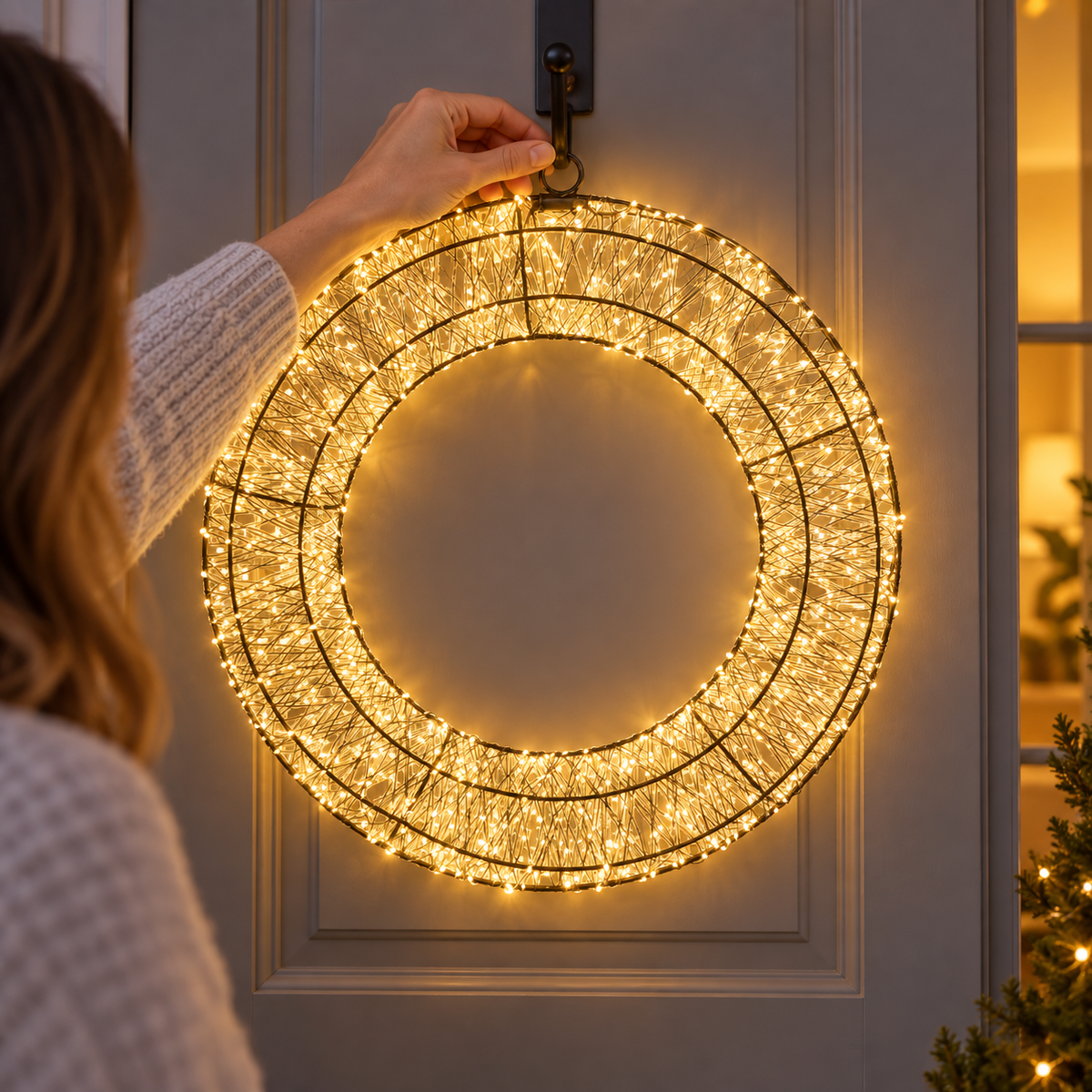 Coroniță luminoasă montată pe ușa de intrare