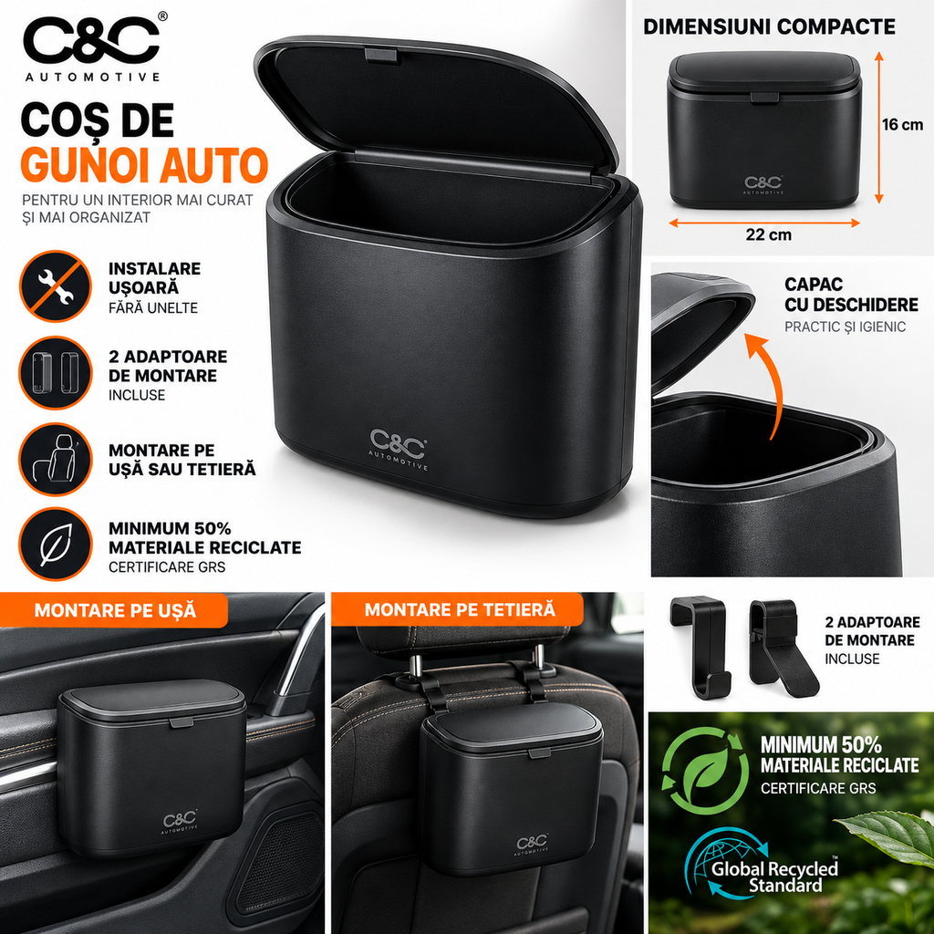 Coș de gunoi auto C&C Automotive 22x16 cm - imagine tehnică
