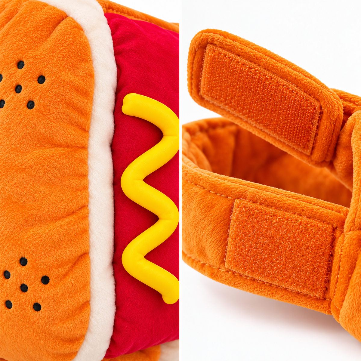 Detalii costum Hot Dog pentru câini, material plușat și închidere cu scai