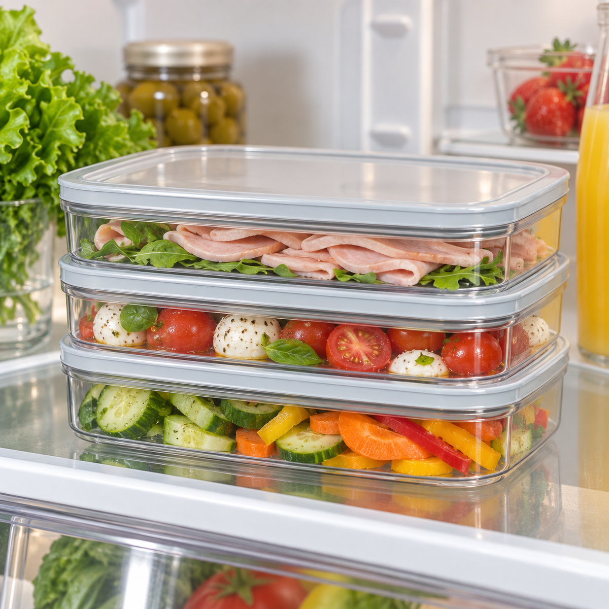Trei caserole Curver cu alimente stivuite in frigider