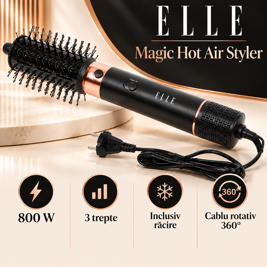 ELLE Magic Hot Air Styler 800 W, 3 trepte inclusiv răcire, cablu rotativ 360°