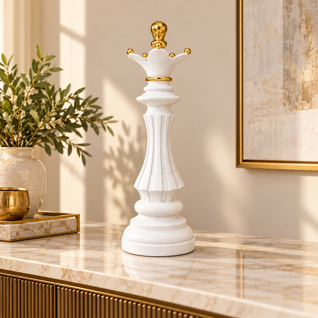Statueta decorativă Regină albă cu accente aurii pe consolă