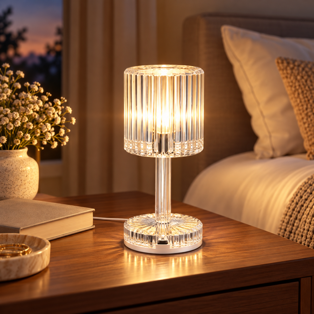 Lampă tactilă LED S-Eye din cristal transparent, aprinsă pe noptieră