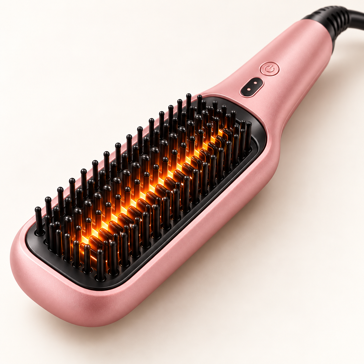 Detaliu perie roz electrică cu peri încălziți și mâner ergonomic