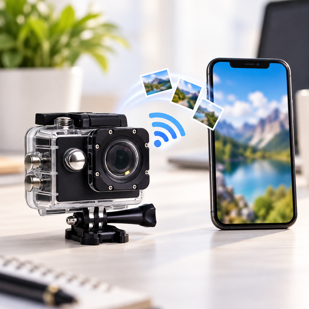 Cameră de acțiune și telefon, transfer Wi-Fi sugerat vizual