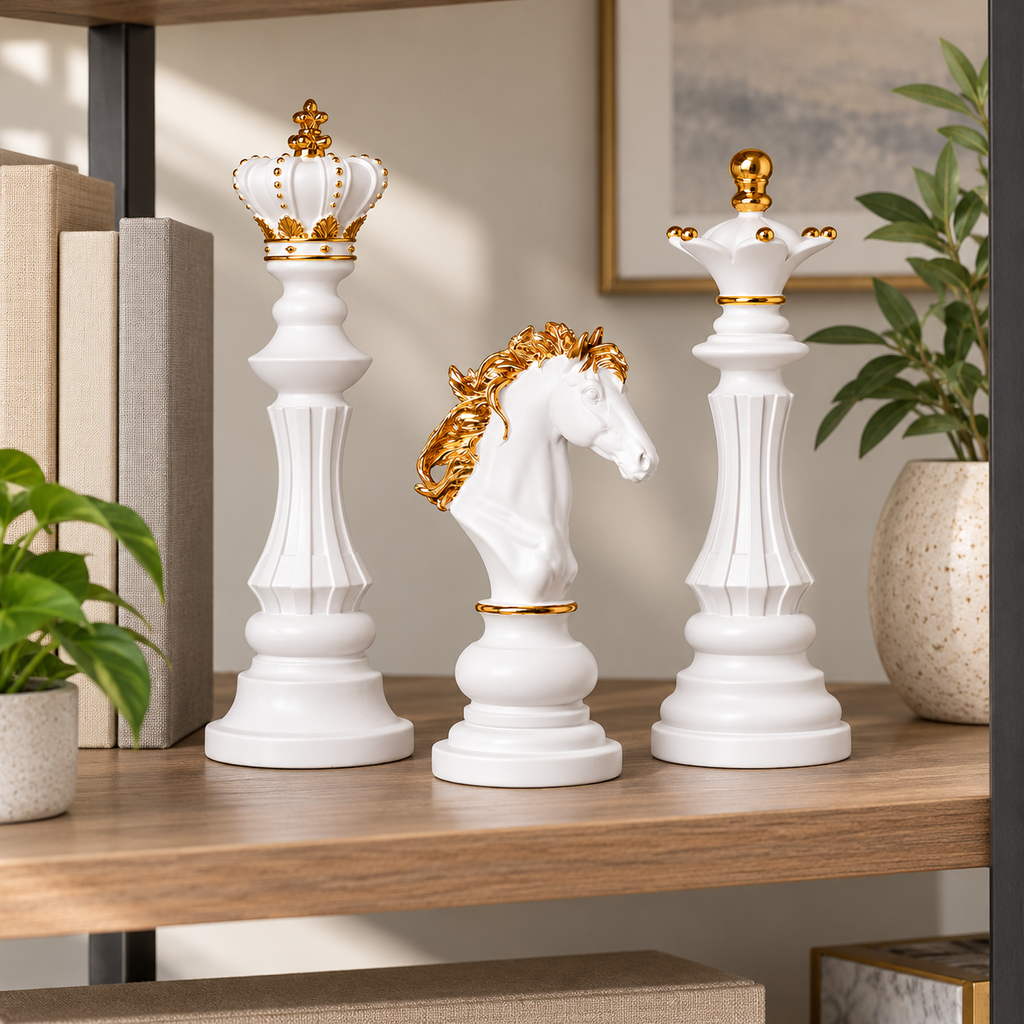 Set de piese de șah decorative pe bibliotecă