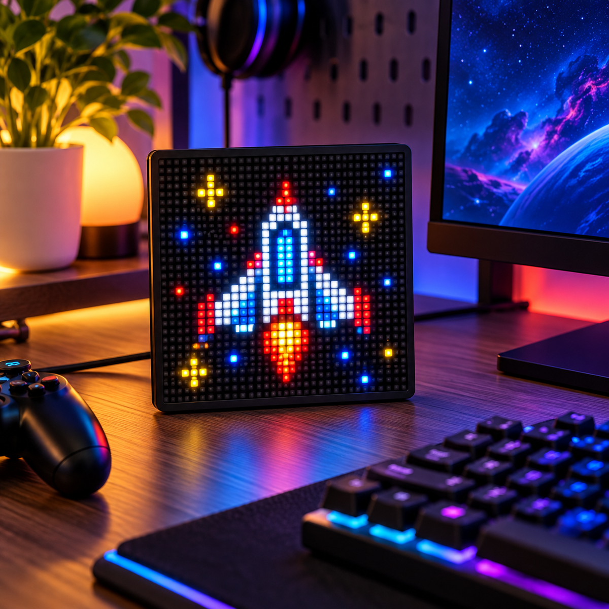 Tablă LED S-Eye cu pixel art într-un setup de gaming