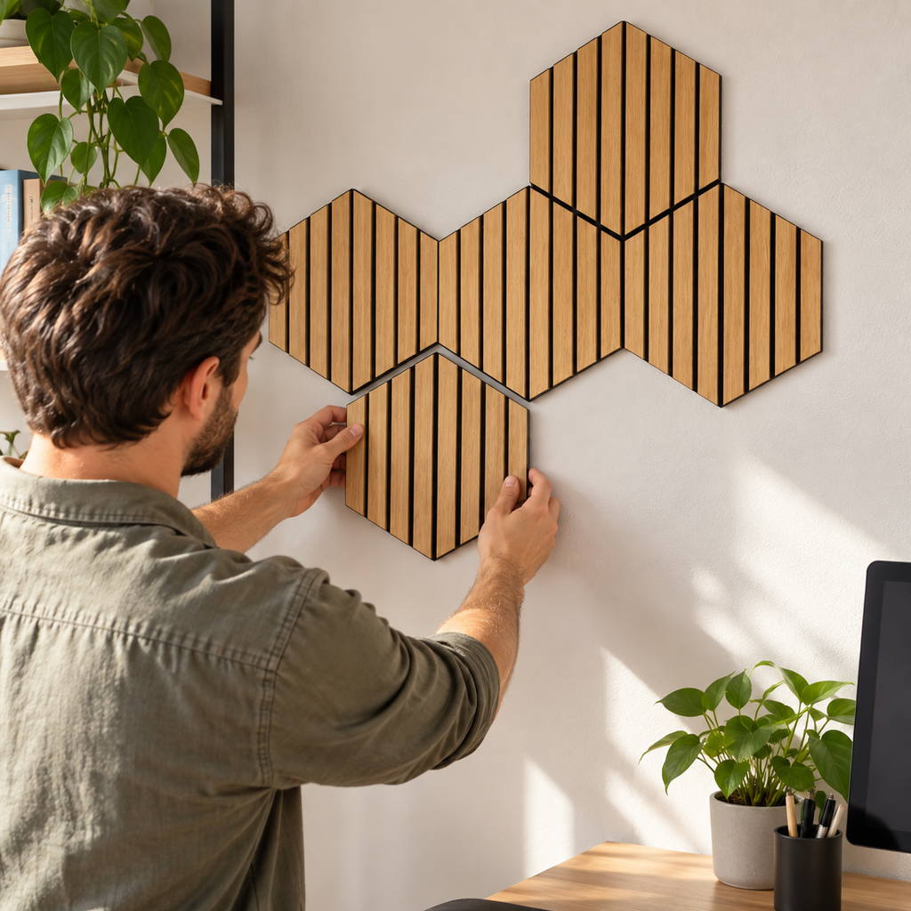 Montarea panourilor hexagonale din lemn pe perete, imagine UGC